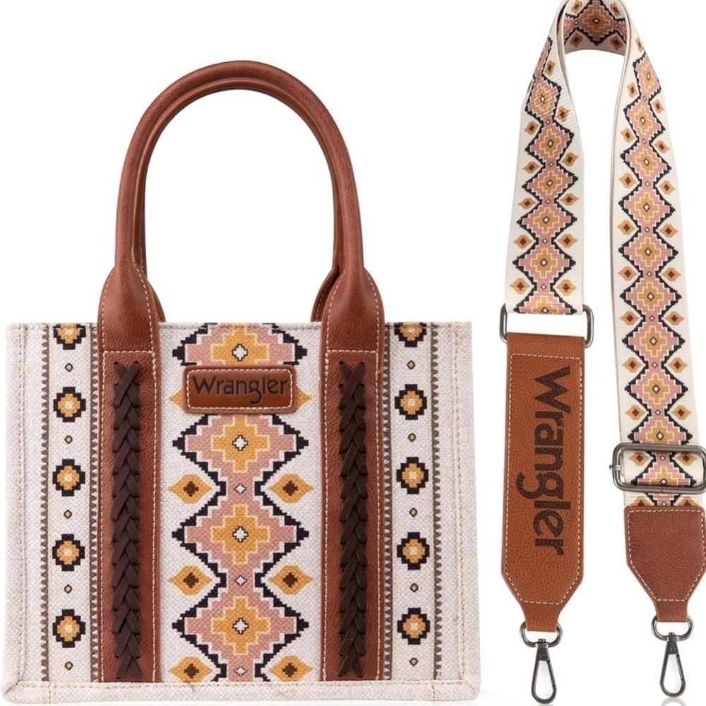 Western style canvas Aztec pattern top handle crossbody small tote